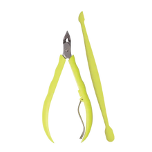 Carregar imagem no visualizador da galeria, ALICATE DE CUTÍCULAS E ESPÁTULA DUPLA MUNDIAL SANDY CABO AMARELO